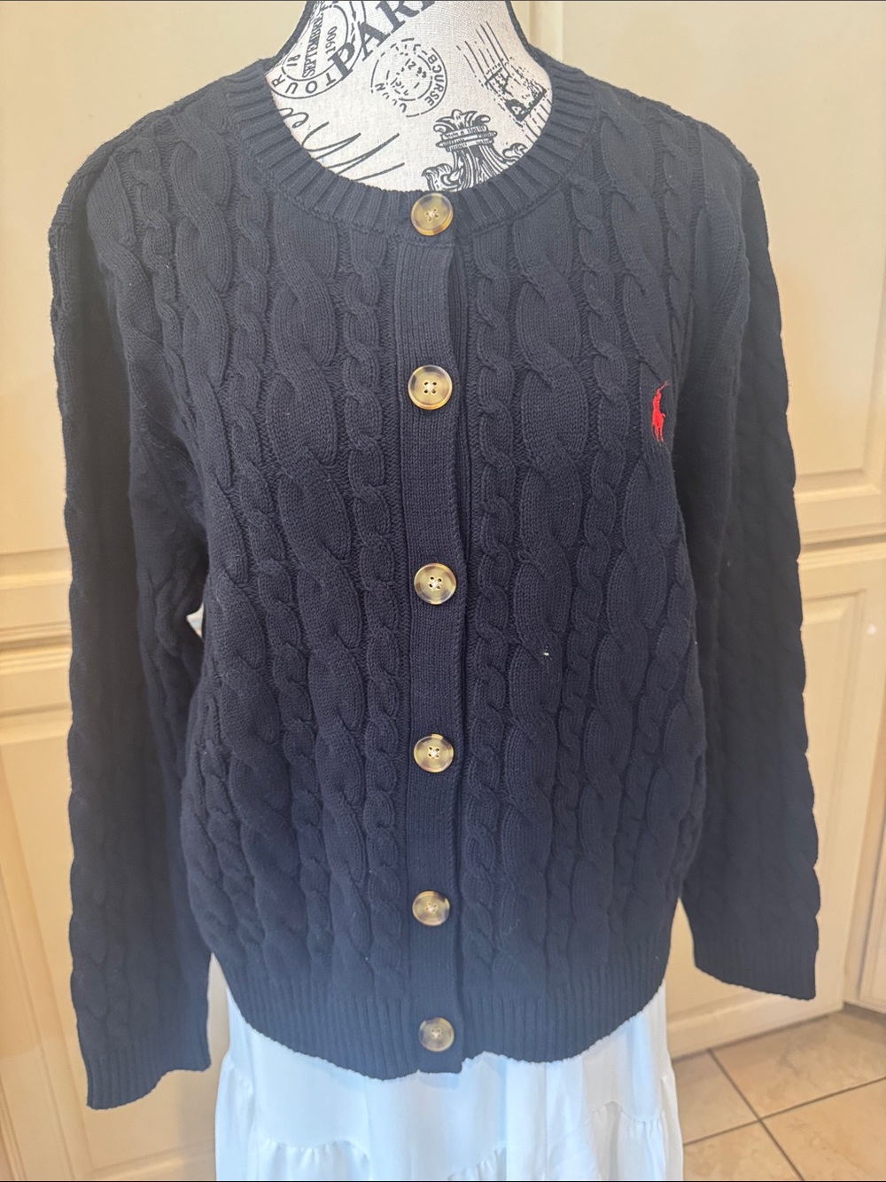 Polo by Ralph Lauren Navy Cable-Knit Button-Front Cardigan with Red Pony